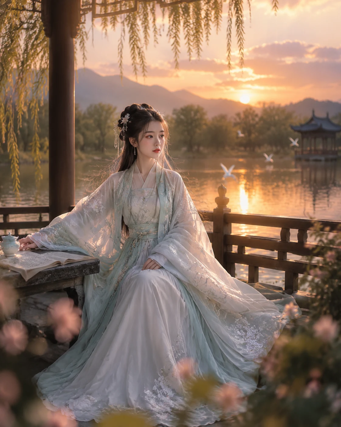 夕阳亭台中的白衣古风女性角色