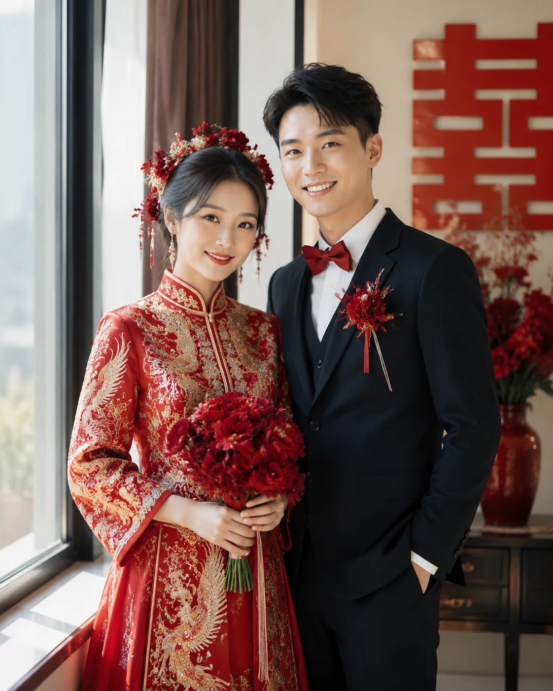 中式婚礼服装的新婚人物合影
