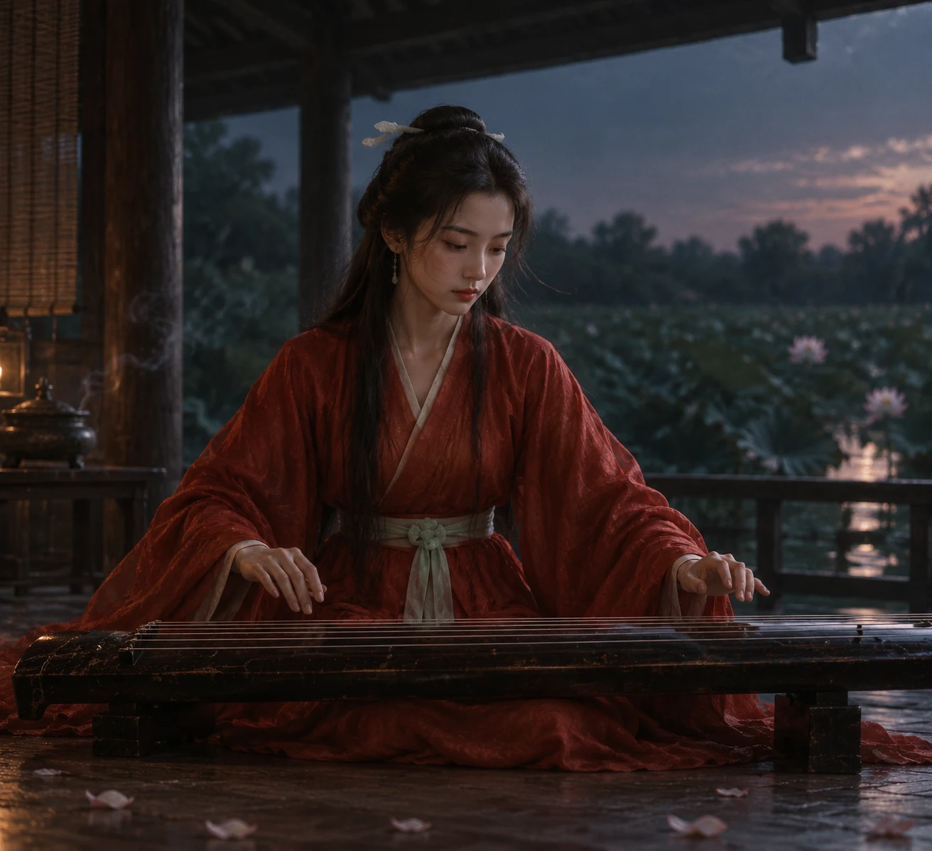 夜色亭台中抚琴的红衣古风女性角色