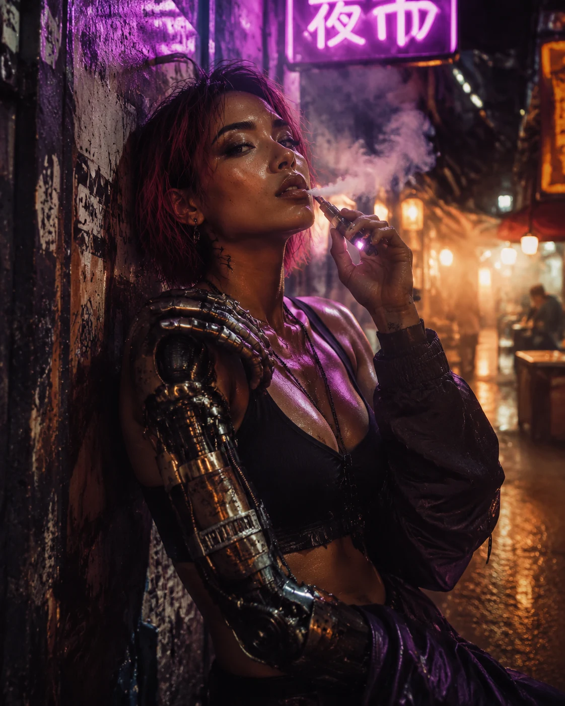 霓虹夜景中的赛博风格女性角色