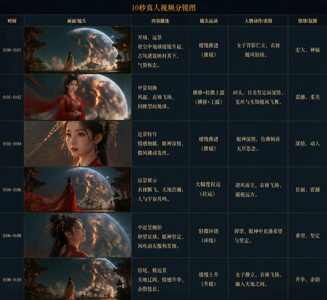 古风人物十秒真人视频分镜拆解图