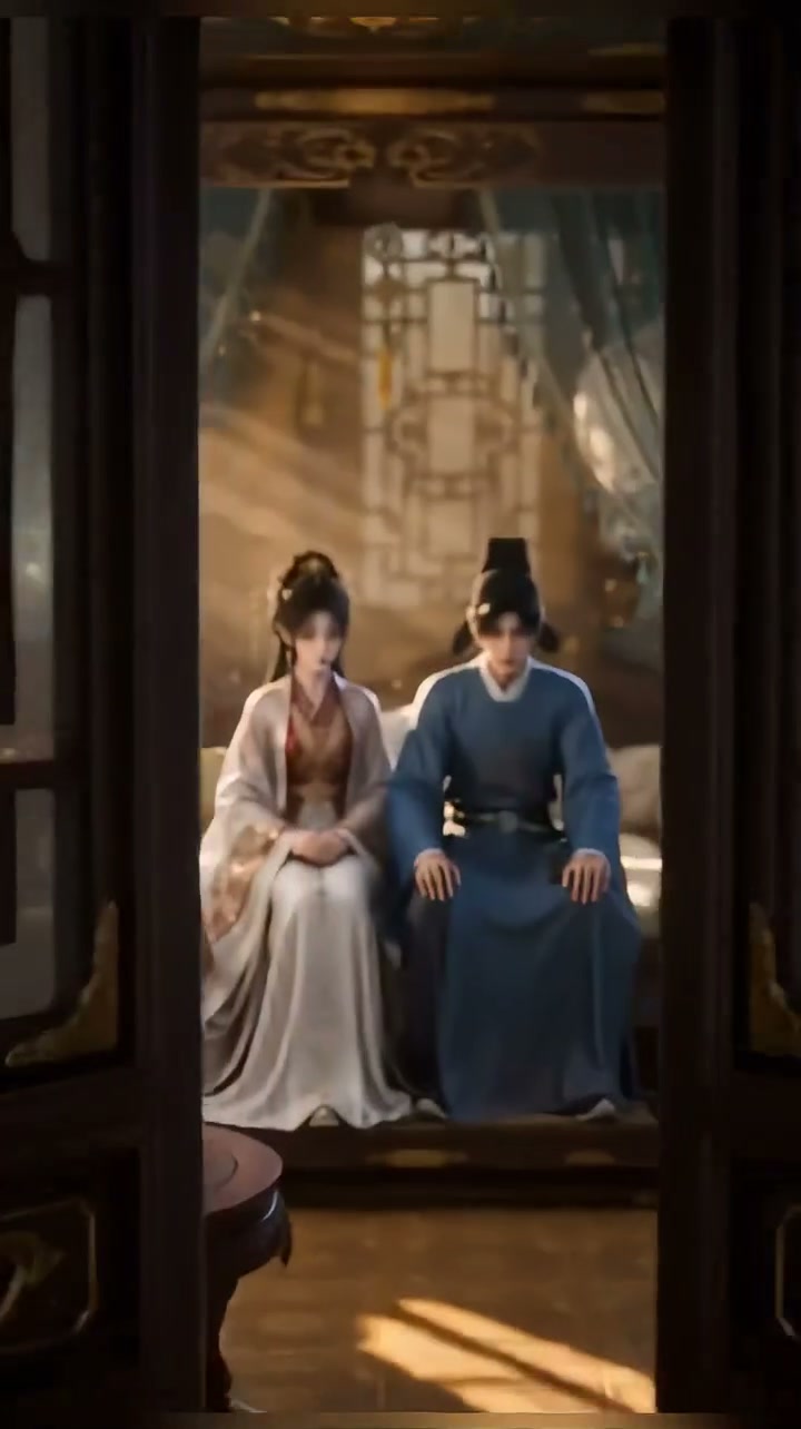 《古风情感短剧》作品画面，古装男女角色并肩坐于室内